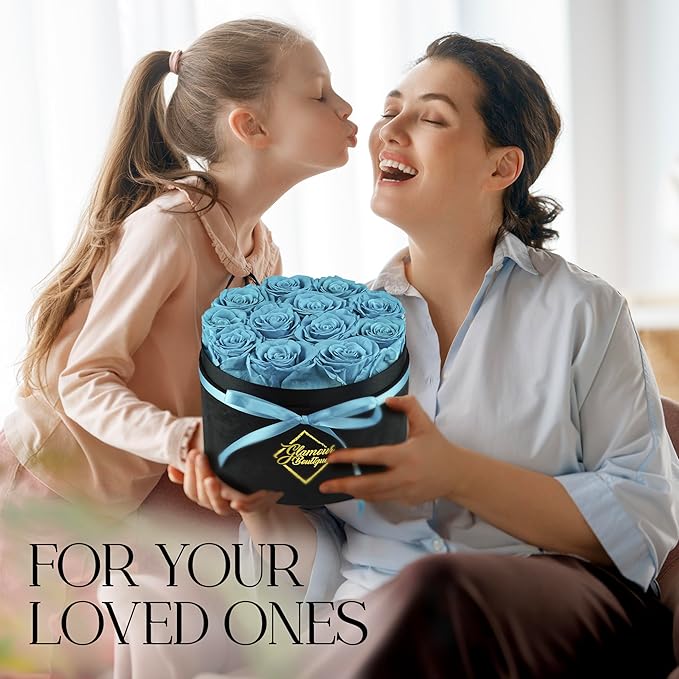 GLAMOUR BOUTIQUE Flowers Forever Gift Box, 12 Real Preserved Roses in Velvet Box, Floral Gift for Her, Mom or Wife for Birthday, Mother’s Day, Anniversary or Graduation, Teal (Color-Treated)