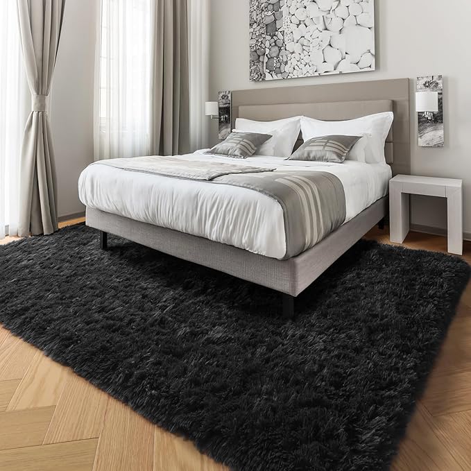 PAGISOFE Fluffy Shaggy Area Rug for Living Room 5x8 Ft,Soft Fuzzy Rugs for Bedroom Shagg Carpet for Kids Girls Boys Dorm Room Furry Rugs for Nursery Playroom Fluffy Toddler Room Rug Black