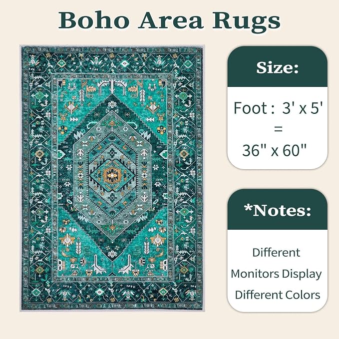 SERISSA Area Rug 3x5 Boho Teal Rugs for Bedroom, Washable Kitchen Rugs Non-Slip, Ultra Soft Print Distressed Tribal Entry Rug Low-Pile Throw Rug Carpet for Bedroom Nursery Living Room Dorm Decor