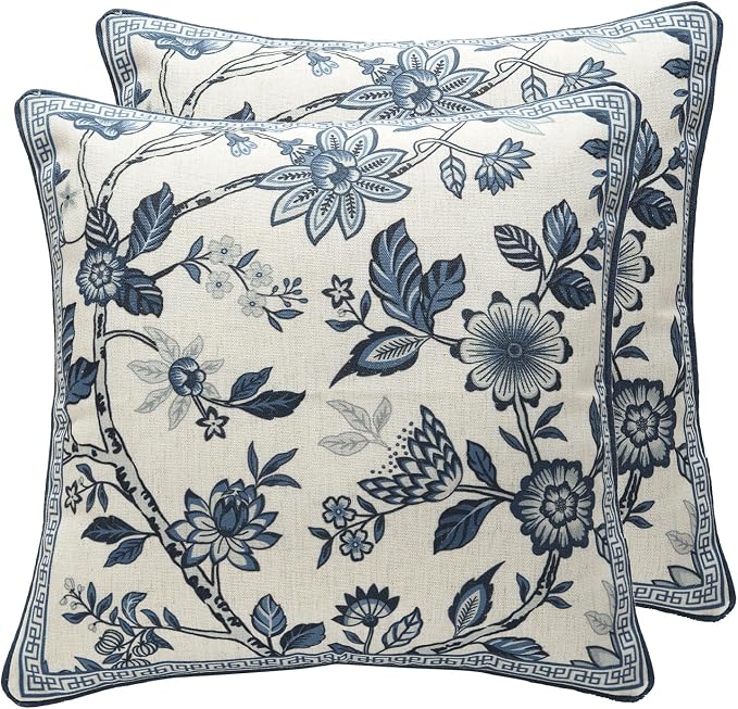 bilin gaier Designer Linen Throw Pillow Covers,18"x18" Set of 2-Suqing A | Vintage Elegant Square Pillow Cover,Concealed Zipper Design,Blue Floral Pattern,Sofas,Bedroom,Living Room,Lounge Chairs