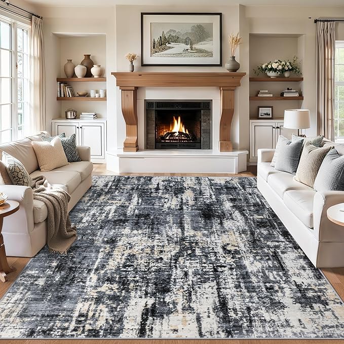 Area Rugs 9x12 Living Room - Washable Rug Modern Abstract Soft Large Neutral Non-Slip Carpet Indoor Floor Thin Carpets for Bedroom Dining Room Farmhouse Nursery Home Office Black Gold