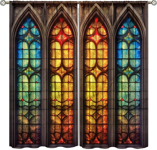 Stained Glass Curtains,Mid Century Vintage Style Abstract Art Home Decor Drapes for Bedroom Living Room Kitchen Window Treatment 2 Panels Set Total Size 72" W X 63" L Inch