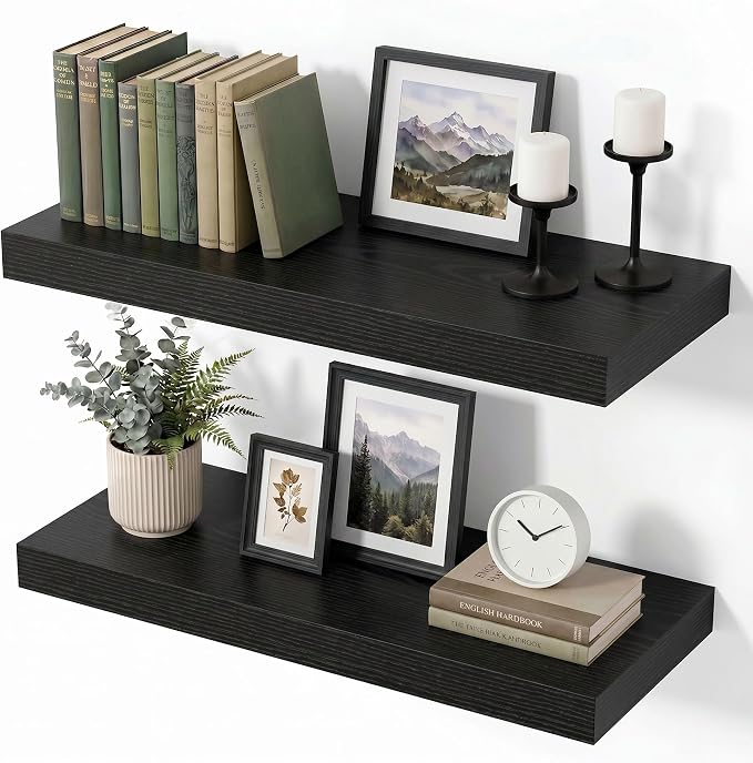 Vivelove Black Floating Shelves for Wall with Invisible Brackets, 16 Inch Floating Shelf for Bathroom Bedroom Living Room Kitchen, 16" X 8" X 1.4", Set of 2 - Black