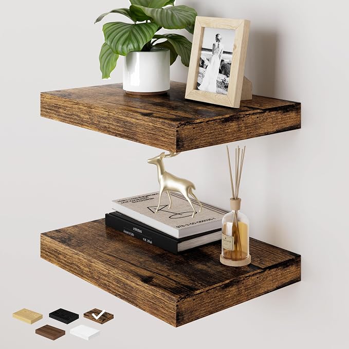 RICHFOCUS Deep Floating Shelves for Wall 2 Pack 12" D 16 Inch Wall Shelves for Room Wall|Wood Hanging Shelf with Invisible Brackets for Bathroom Bedroom Kitchen Laundry Room, Rustic Brown