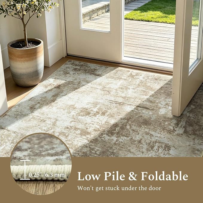 8x10 Area Rugs for Living Room, Washable Large Rug, Brown | Non Slip; Soft Touch; Easy to Clean; Stain-Resistant; High-Power Vacuum Cleaner Friendly; Low Pile; Bedroom; Dining Room