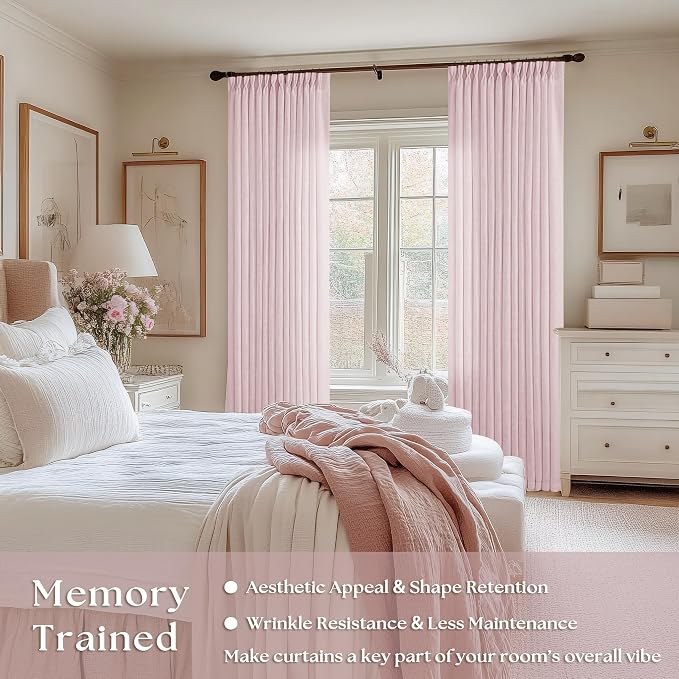 TWODRAPES Pinch Pleated Pink Linen Curtains 120 Inches Long for Girls Bedroom Living Room Light Filtering Extra Long Pleated Semi Sheer 120 Inch Curtains Drape Window Panels Pink Blush Babys Nursery