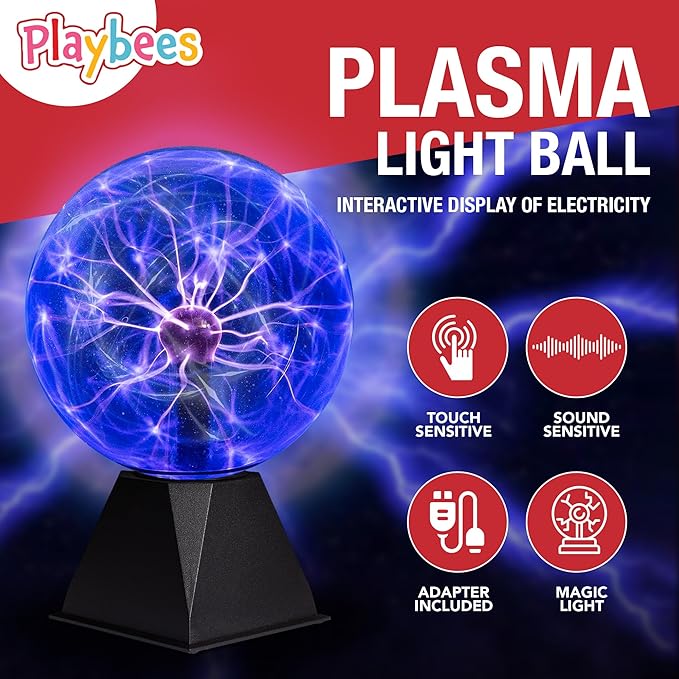 Playbees Blue Plasma Ball - 7 Inch - Tesla Coil Bulb Static Electricity in a Vacuum Pressurized Glass Globe, Nebula, Thunder Lightning, Plug-in - for Parties, Decorations, Prop, STEM