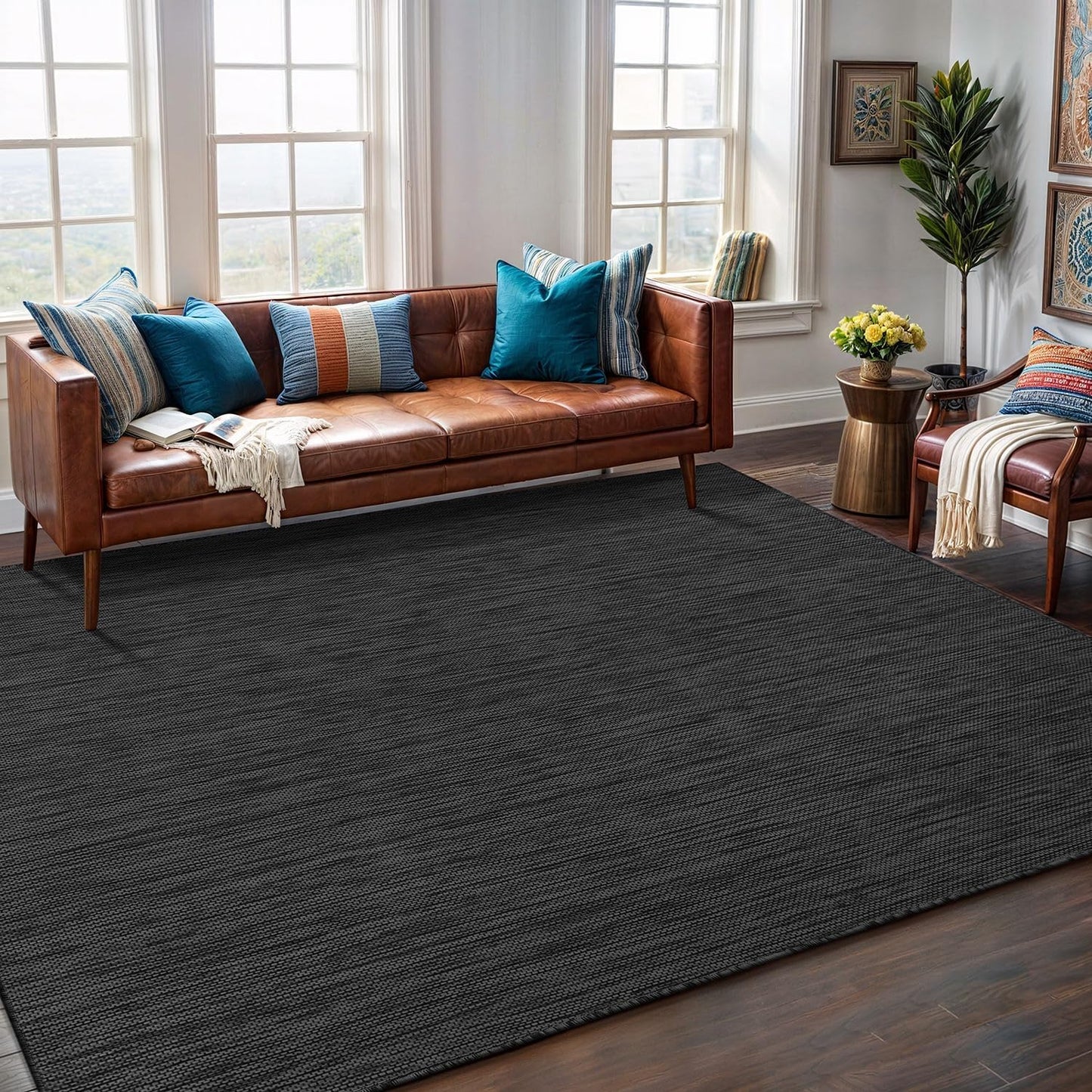 Washable Indoor Outdoor Rug 9x12 Weather Resistant Area Rugs Modern Solid for Porch Deck Balcony Backyard Patio Outside Carpet (9 X 12 Dark Grey)