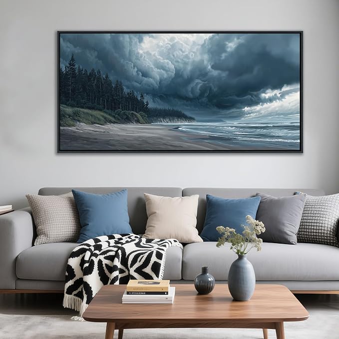Large Wall Art Beach Canvas Decor Ocean Painting Navy Blue Picture Artwork Modern Seascape Storm Forest Decoration Framed for Living Room Bedroom Home Office Decor Size 24x48 Inches