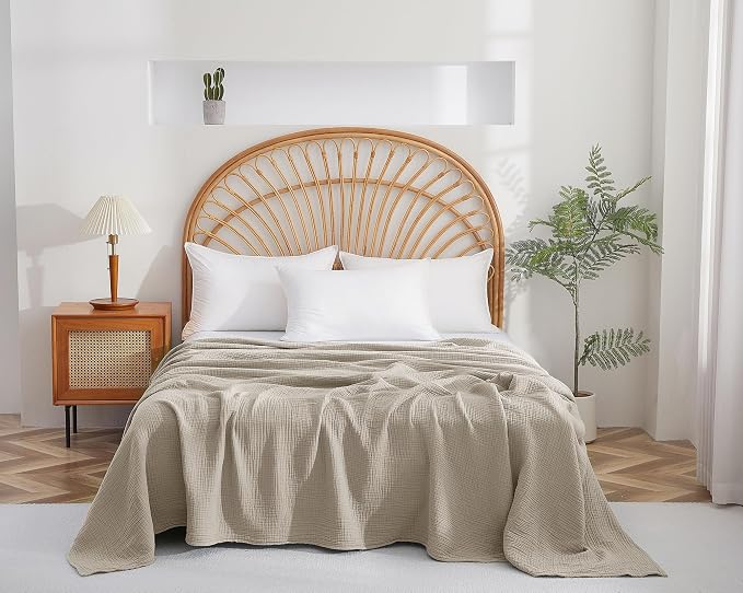100% Cotton Muslin Queen Blanket (90" x 90") – A Luxuriously Soft, 4-Layer Lightweight and Breathable Gauze Blanket, Perfect for Year-Round use on beds, couches (Khaki, Queen)