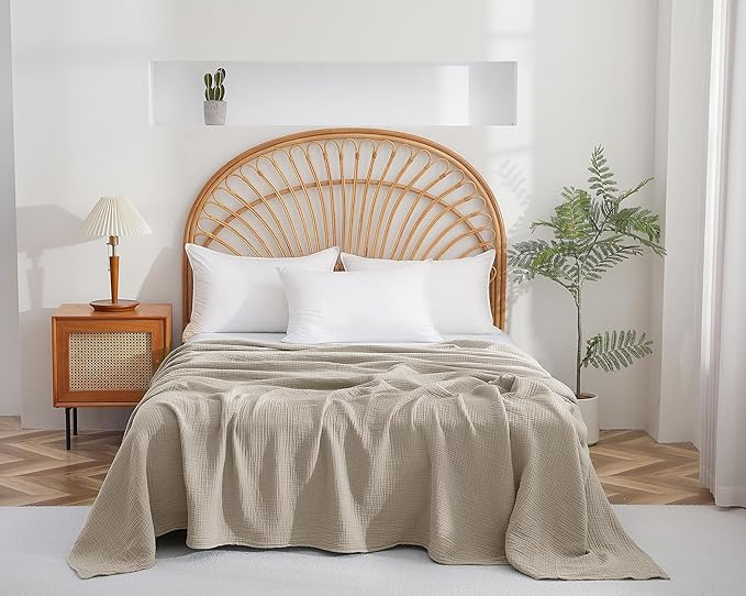 100% Cotton Muslin Twin XL Blanket (66" x 90") – A Luxuriously Soft, 4-Layer Lightweight and Breathable Gauze Blanket, Perfect for Year-Round use on beds, couches (Khaki, Twin XL)