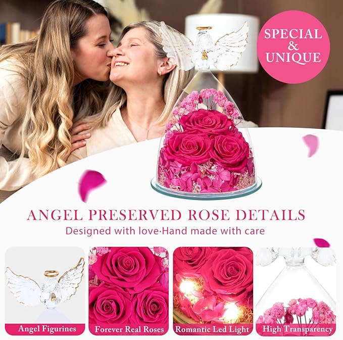 Flowers for Delivery Gifts for Mom Mothers Day Birthday Gifts for Women Grandma Fresh Preserved Flowers Forever Real Roses in Glass Angel Figurines Anniversary Present for Wife Her Friends Daughter