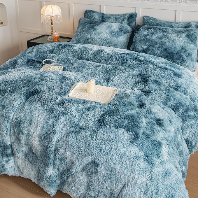 chovy Faux Fur Plush Tie-Dyed Blue White Comforter Set Twin/Full Size - Ultra Soft Shaggy Flannel Velvet Fluffy Fuzzy 3PC Bedding Set (Comforter x 1 Pillowcases x 2)