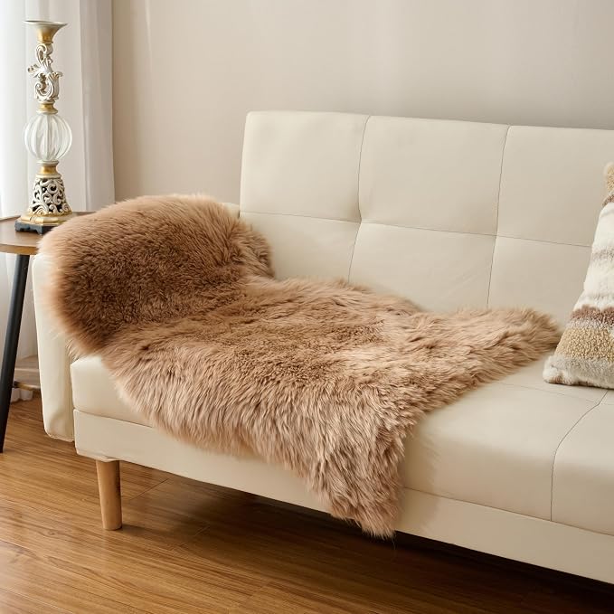 Premium Genuine Sheepskin Area Ruge - Real Wool Fur Shaggy Carpet | Fluffy Soft Natural Lambskin Rug Seat Chair Covers for Couch Sofa Bedroom Living Room(Tan,2×3 Feet Sheepskin)