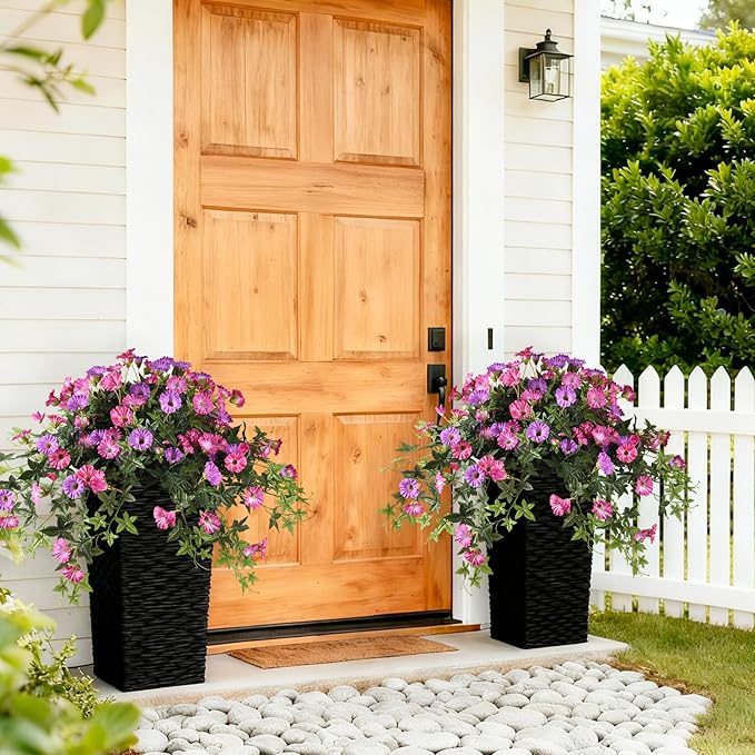 Artificial Fake Flowers Hanging Plants for Outdoor Spring Summer Decoration, 2Pcs Faux Petunias Realistic Silk Flower UV Resistant No Fade for Home Outside Garden Balcony Yard Porch (Purple Fuchsia)