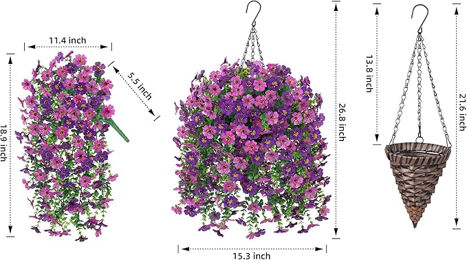 HyeFlora Artificial Hanging Flowers Basket for Outdoor, Fake Flowers Faux Plants Look Real for Yard Gardens Porch Patio Home (Darkpurple+Purple)
