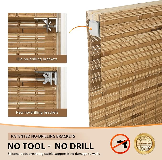 LazBlinds No Tools No Drill Cordless Bamboo Roman Shades, Light Filtering Window Treatment, Roll Up Bamboo Blinds for Windows 26'' W x 64'' H, Dali Native