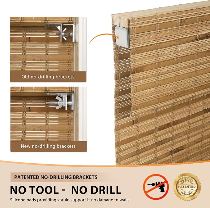 LazBlinds No Tools No Drill Cordless Bamboo Roman Shades, Light Filtering Window Treatment, Roll Up Bamboo Blinds for Windows 30'' W x 64'' H, Dali Native