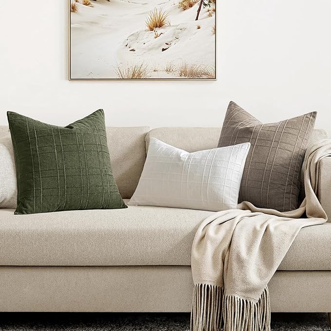 MIULEE Decorative Linen Check Euro Shams Throw Pillow Covers Neutral Farmhouse Vintage Spring Pillow Covers 24x24 Set of 2 Boho Modern Home Decor for Sofa Couch Bedroom Cushion Dark Olive Green