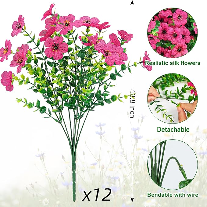 Ouddy Decor 12 Bundles Artificial Flowers for Outdoors Fake Silk Flowers UV Resistant Faux Plastic Plants for Spring Summer Garden Porch Window Box Table Vase Home Indoor Outdoor Decoration, Rose Red