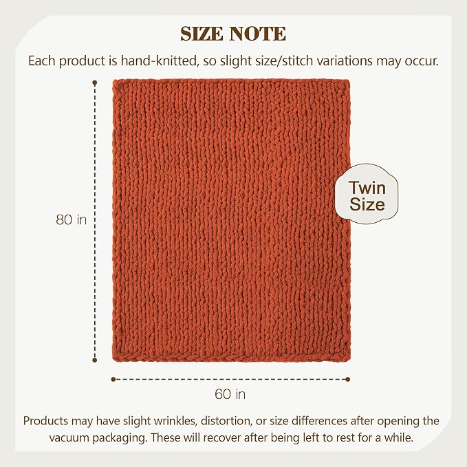 Carriediosa Chunky Knit Throw Blanket 60" X 80" Twin, 100% Hand Made Large Chenille Loop Yarn Soft Fluffy Throws for Couch Sofa Bed, Big Crochet Cozy Heavy Thick Cable Woven Blankets, Rust