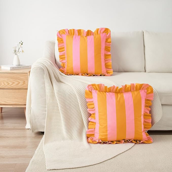 MONDAY MOOSE Decorative Throw Pillow Covers, Set of 2 Water-Resistant Striped Design with Ruffle Edge for Outdoor/Indoor Use, Pillow Inserts Not Included (22x22 inch, Light Pink/Honey)