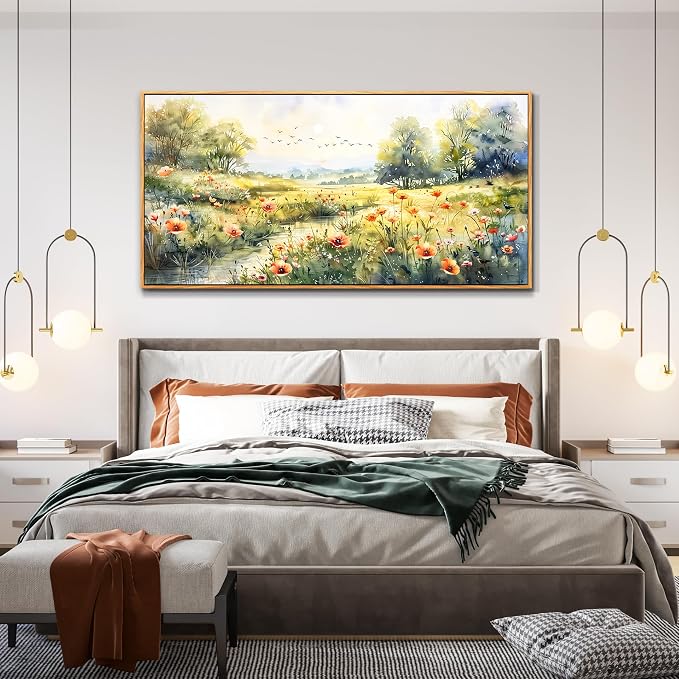 XIGUANGART Framed Canvas Prints Wall Art Pastoral Art Work for Wall Decor Riverside Grassland Watercolour Scenery Pictures Abstract Large Paintings for Living Room Bedroom Office Modern Decorations