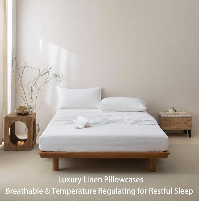 Talasily 100% French Linen Pillow Case Queen Size Set of 2,Oeko-TEX Certified Stone Washed Flax Pillow Shams with Envelope Closure - Breathable & Cooling for Hot Sleepers（White,20''x30''）