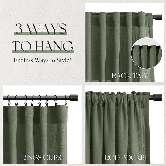 Jowels Forest Green Linen Curtains 84 Inch Long 2 Panels for Living Room | Olive Green Light Filtering Sheer Curtain,Back Tab Pocket Pleated Look, Farmhouse Textured Privacy Drapes for Bedroom Window