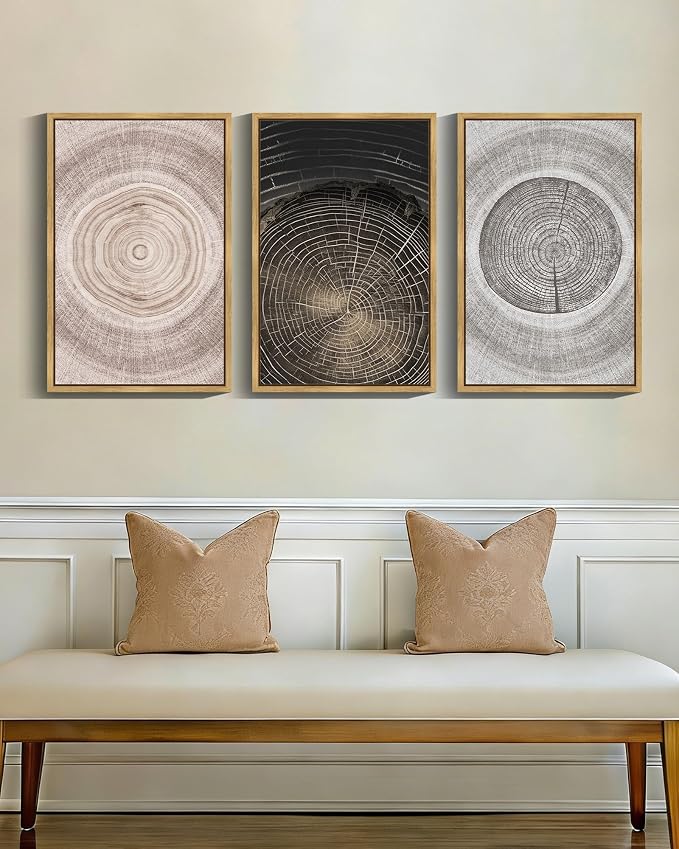 PHOPAGO Vintage Wood Tree Rings Wall Art 16x24in Farmhouse Rustic Framed Canvas Paintings Living Room Bedroom Decor Nature Artwork Natural Framed