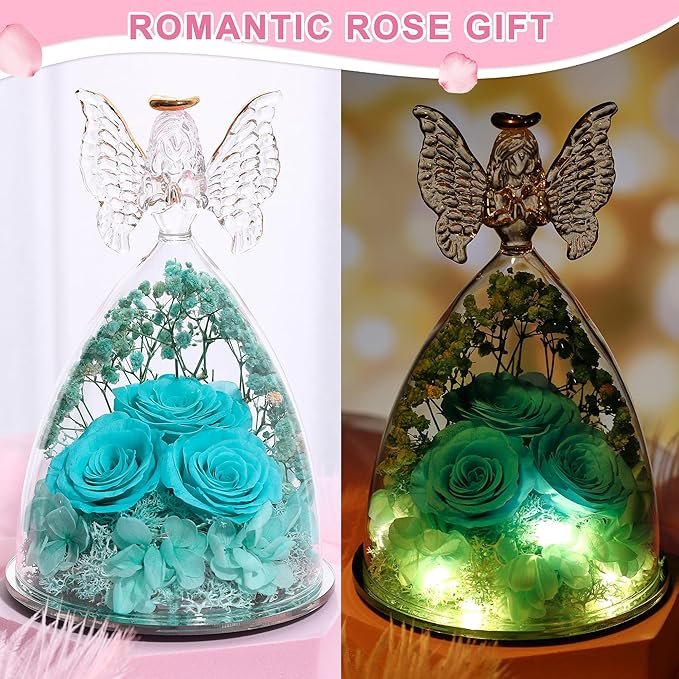 Mothers Day Rose Gifts for Women Preserved Real Flower in Glass Angel Figurines Roses for Delivery Prime Birthday Gifts for Mom Grandma Girlfriend Wife Her - Tify Blue