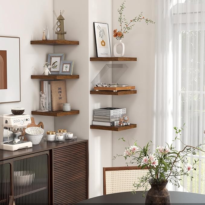 8"x8" Square Floating Shelves for Wall, Rustic Brown Finish, 3-Pack | Engineered Wood Wall Shelves with Invisible Brackets for Living Room, Bedroom, Bathroom, Office & Kitchen Storage