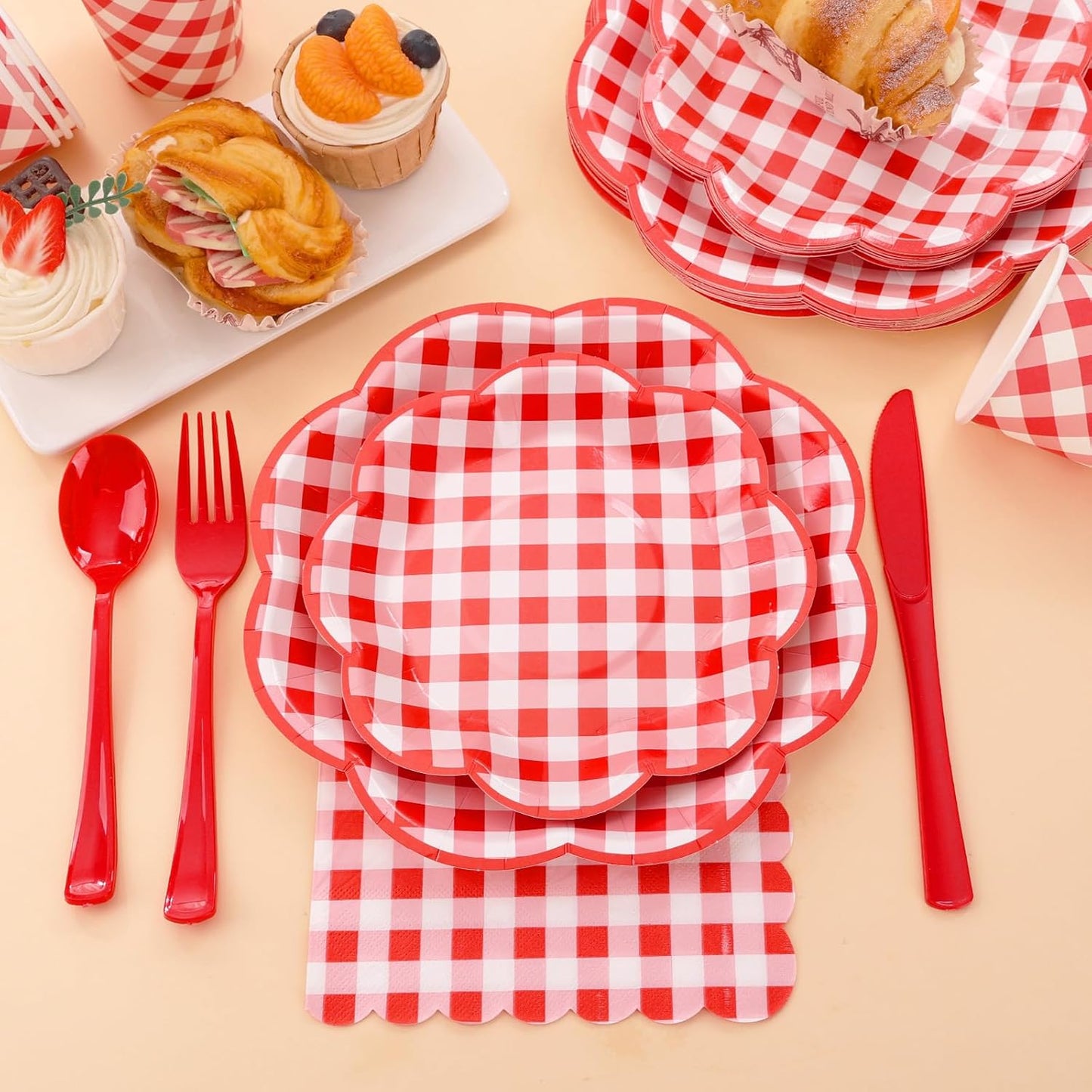 175 Pcs Red Gingham Plates and Napkins Party Supplies - Red and White Checkered Plates Sets Serve 25 Guests - Scalloped Gingham Paper Plate for Birthday Picnic BBQ Christmas Party Decorations