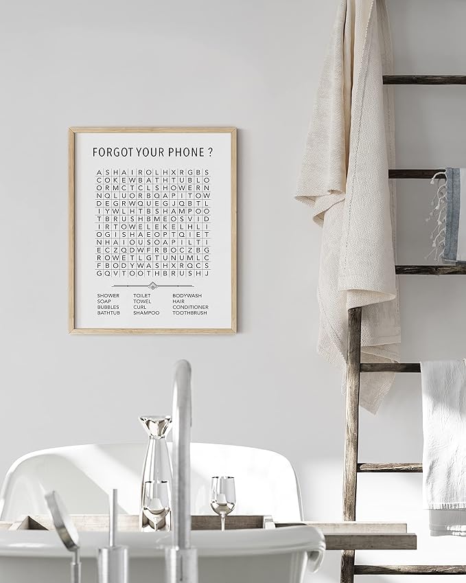 HAUS AND HUES Funny Bathroom Decor – Word Search Print for Kids’ Washroom, Guest Restroom Humor Poster, Whimsical Home Accent (16x20, Beige Frame)