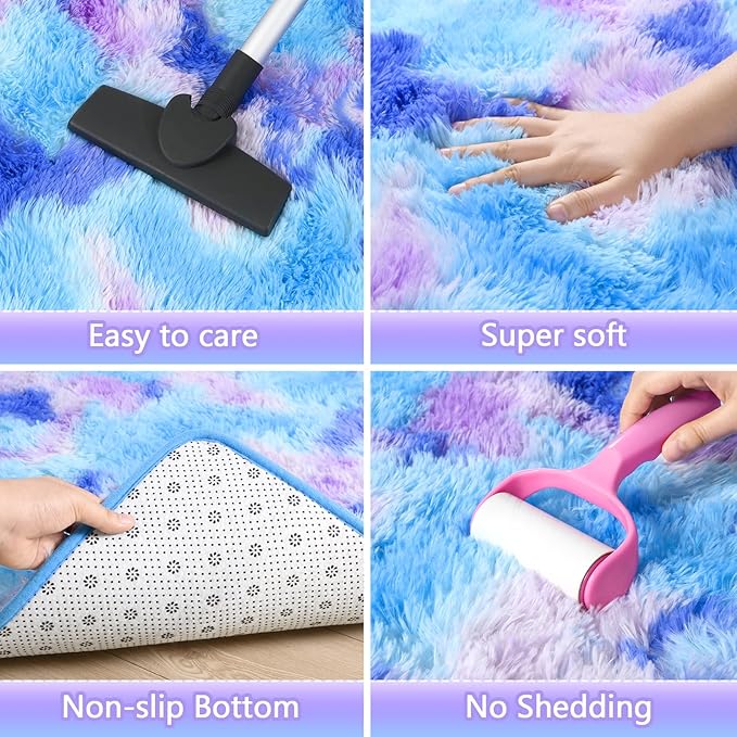 AROGAN 2x4 Feet Soft Runner Rugs for Bedroom Plush Fluffy Rug, Shag Furry Area Rug Carpet Non Shedding for Nursery Children Kids Girls Room Home Hallways Decorative, Blue and Purple