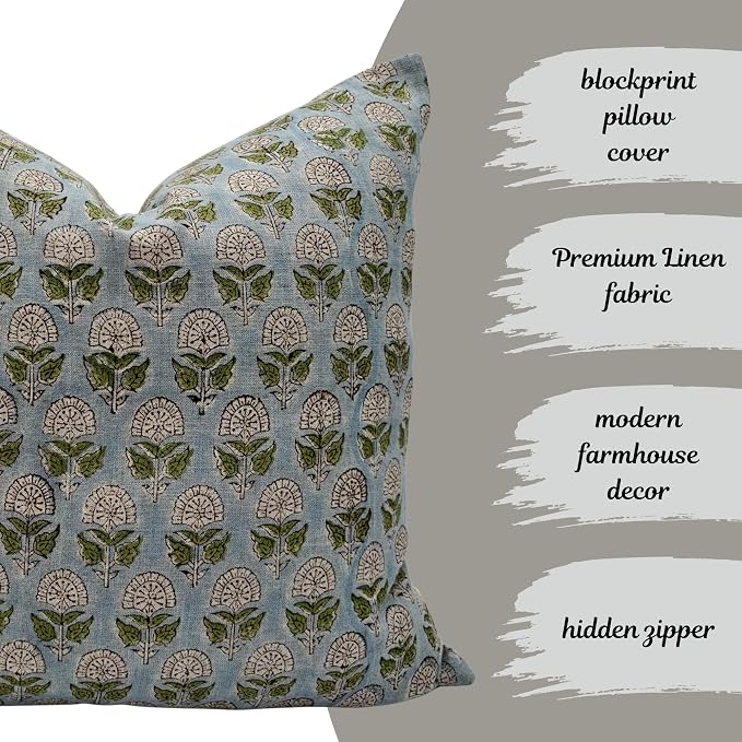 Linen Throw Pillow Covers 20x20 inch Blue Green Spring Decorative Pillow Covers for Living Room, Bedroom