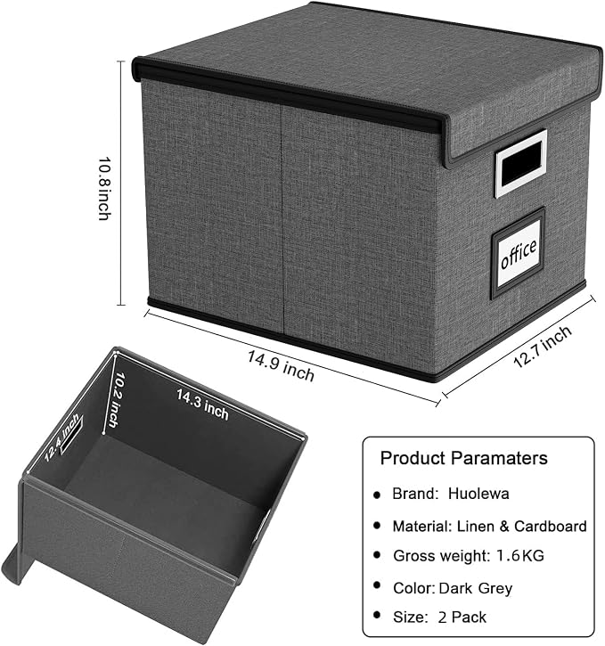 File Organizer Boxes with Lids, Linen Office Document Storage Boxes, Filing Boxes, Decorative Small File Boxes for Hanging Files with Plastic Slide for Office/Cabinet/Decor/Home