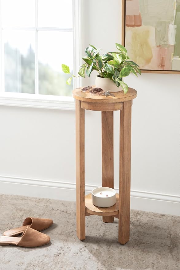 Kate and Laurel Foxford Tiered Round Drink Table, 12 x 12 x 30, Natural Brown, Transitional Two-Tier Circle Plant Stand Table for Use as Living Room Pedestal Table or Small Bedroom Nightstand