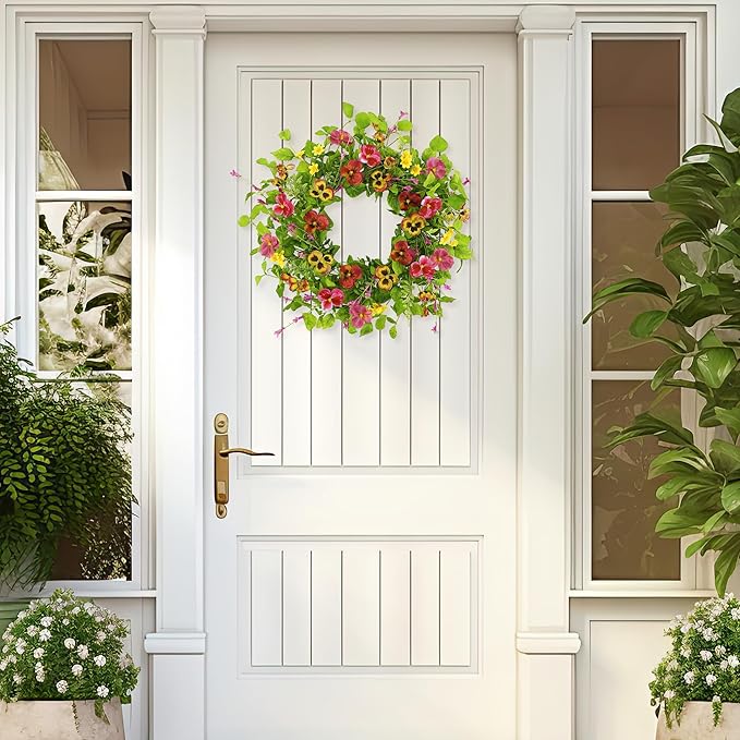 YNYLCHMX 18" Spring Summer Wreaths for Front Door, Artificial Floral Wreath with Ivy Leaves Daisies Pansies Rose Leaves, Green Foliage Wreath for Wall Window Farmhouse Party Holiday Home Decor