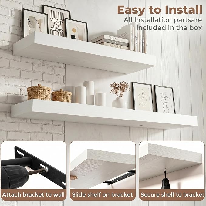72 Inch Floating Shelves for Wall, 8"D Wood Storage Shelves, White Finish | Engineered Wood, Invisible Bracket, Large Storage, Easy Install, Hold Up to 99lbs, Living Room, Bathroom, Bedroom, Kitchen