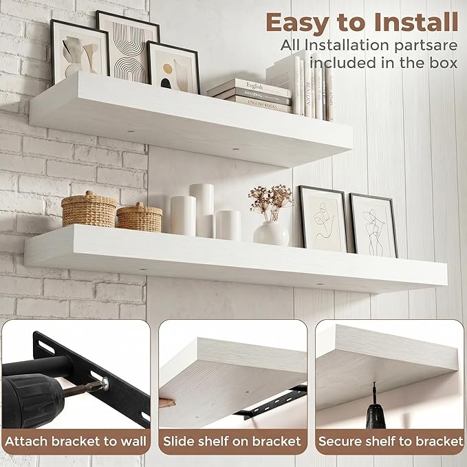 40 Inch Floating Shelves for Wall, 8"D Wood Storage Shelves, White Finish | Engineered Wood, Invisible Bracket, Large Storage, Easy Install, Hold Up to 66lbs, Living Room, Bathroom, Bedroom, Kitchen