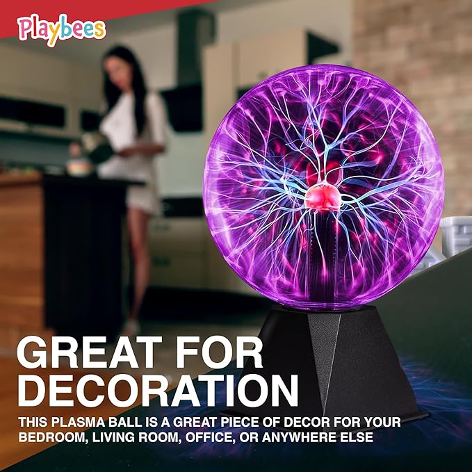 Playbees Purple Plasma Ball - 7 Inch - Tesla Coil Bulb Static Electricity in a Vacuum Pressurized Glass Globe, Nebula, Thunder Lightning, Plug-in - for Parties, Decorations, Prop, STEM
