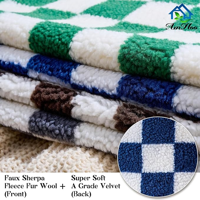AmHoo Pack of 2 Decorative Throw Pillow Covers Checkerboard Luxury Super Soft Faux Fur Wool Set Case Cushion for Couch Sofa Bedroom 20 x 20-Inch Green