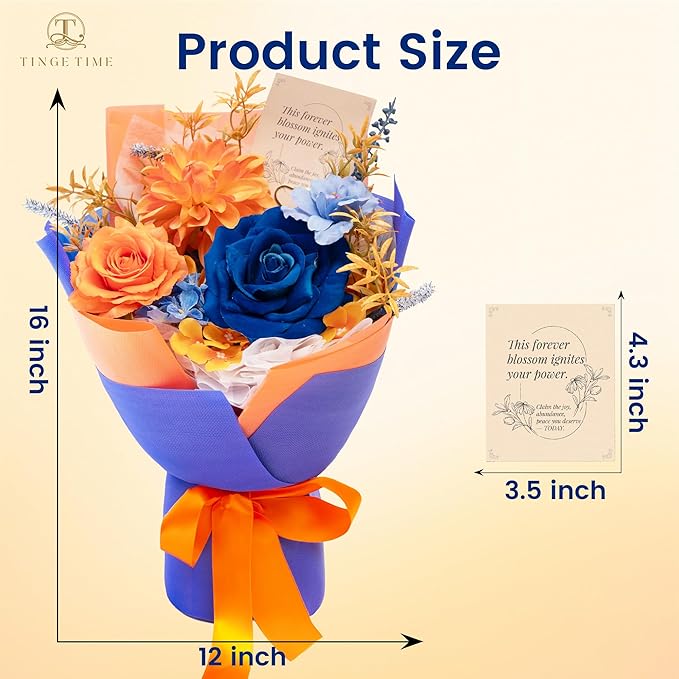 TINGE TIME Preserved Flowers Bouquet, Orange & Navy Blue Roses Gift Bouquet, Eternal Roses Bouquet for Wedding, Table Centerpieces, Mothers Day, Birthday Gifts, Anniversary, Graduation