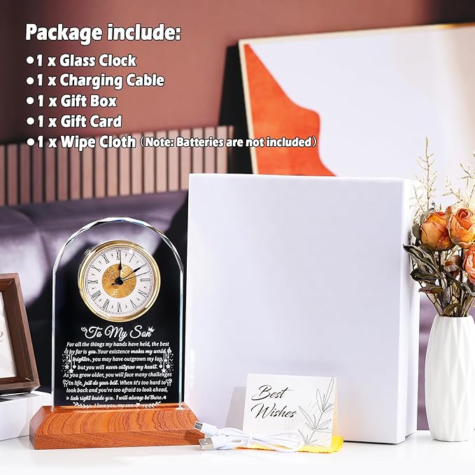 Arikyrist Meaningful Glass Clock Gifts for Son from Mom Dad Graduation with Wooden Light Base I Love You Personalised Glass Plaque Presents for Best Son Birthday Keepsakes for Him Table Decor