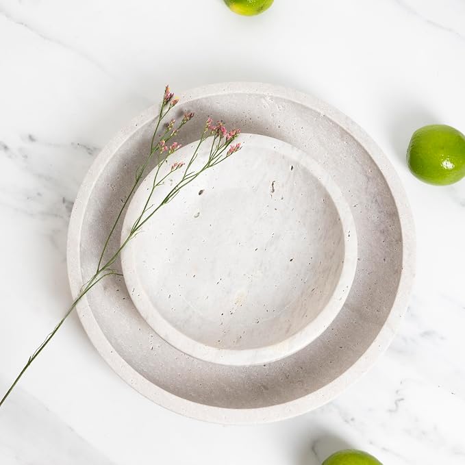 Shelf & Nook Travertine Decorative Bowls for Home Decor. Key Bowl for Entryway Table in a Choice of 5 Colors (White/Gray, Large)