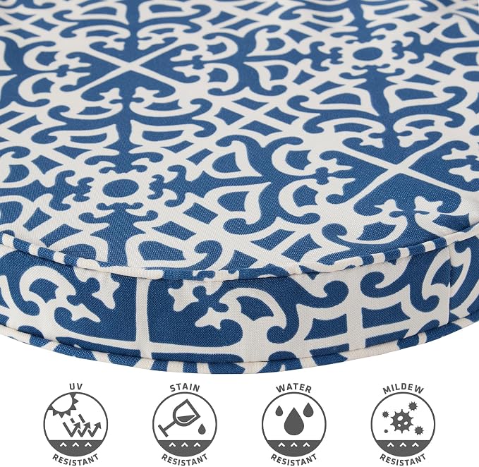 Set of 2 Outdoor 18 inch Round Patio Dining Chair Pads – Comfortable Fiber-Filled Seat Cushions with Ties, Reversible Polyester Fabric, Indigo Blue Lattice