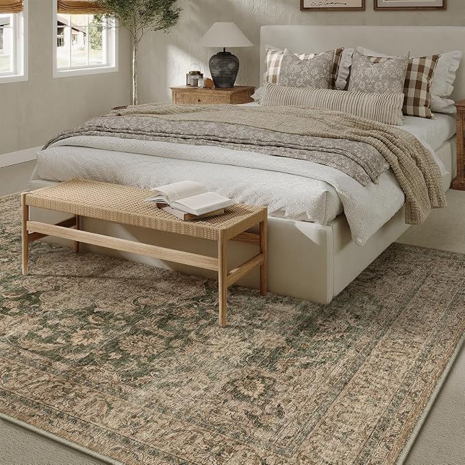 5x7 Washable Area Rug Green Brown Vintage Non Slip Soft Low Pile Rug for Living Room Bedroom Dining Room Office Distressed Oriental Indoor Throw Carpet for Home Decor