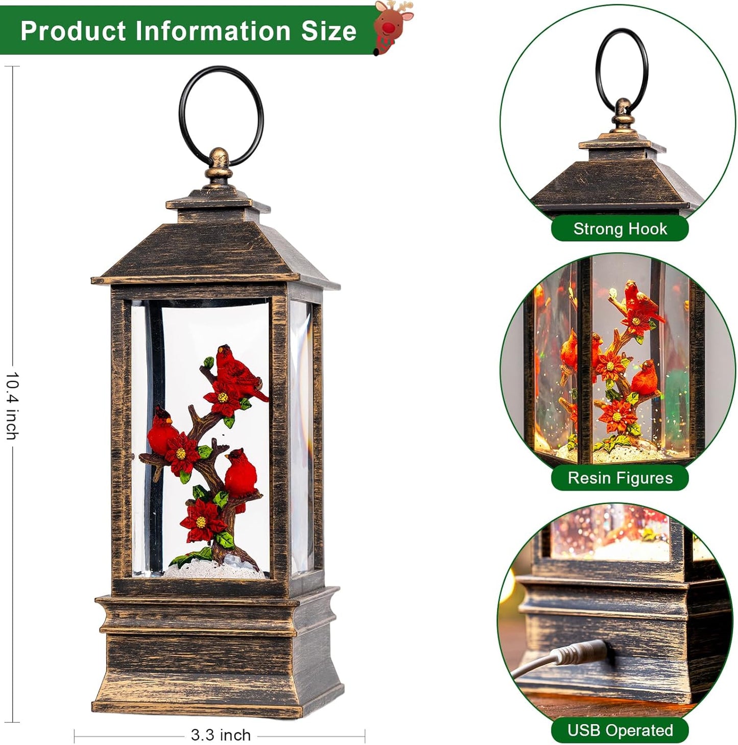 Christmas Snow Globe Lantern Indoor Decor Cardinal with Music,6H Timer,USB Lined/Battery Operated Lighted Lantern for Christmas Festival Decoration Giftsts