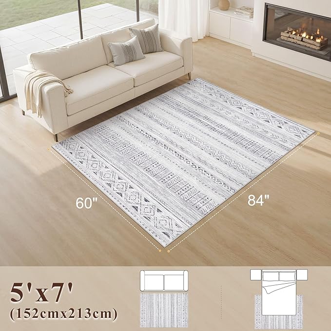 cotiled 5x7 Area Rug Living Room: Washable Boho Rugs with Non Slip Backing Large Soft Indoor Stain Resistant Carpet for Bedroom Farmhouse Dining Room Lightweight Home Decor Dark Grey